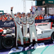 Hartley-Bernhard-Bamber celebrates their 2017 Le Mans win at Victory Lane.